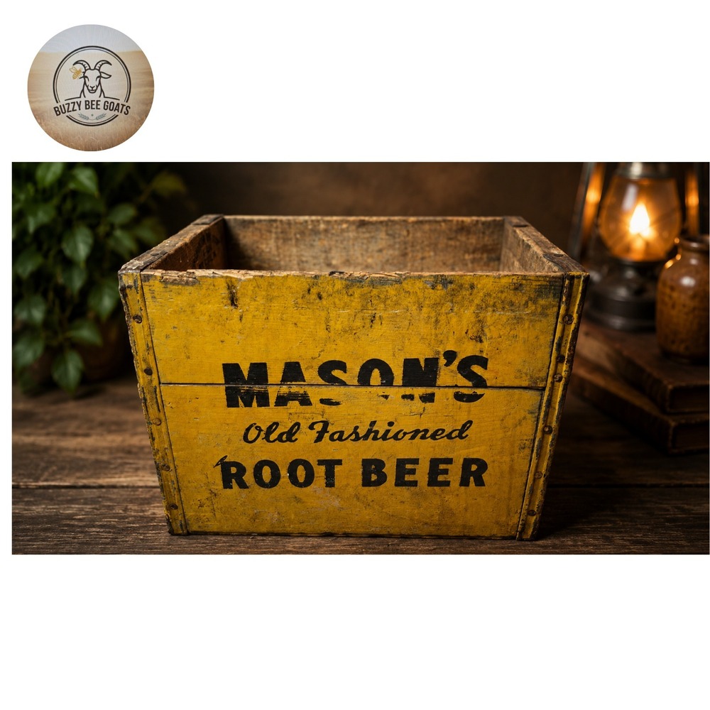 Vintage Mason's Root Beer Wooden Crate Soda Box Yellow Advertising Collectible
